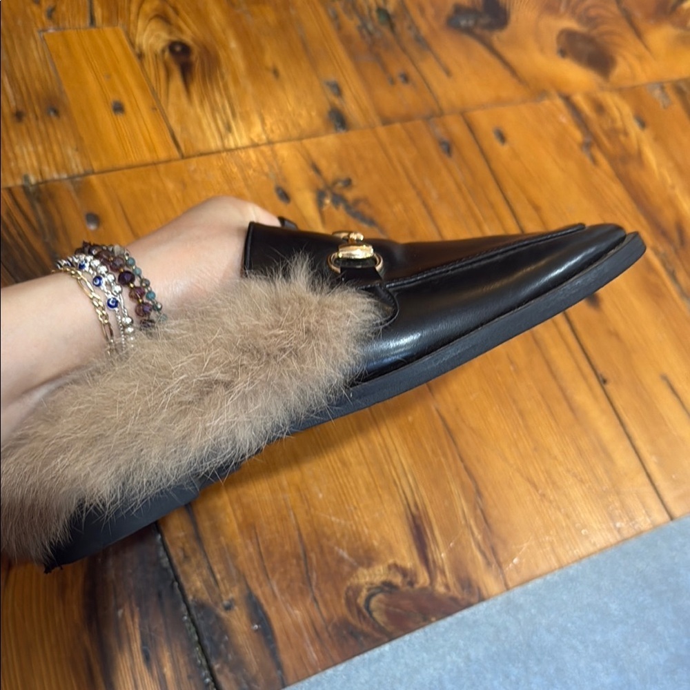 Women's Black Faux Leather Loafers with Fur Lining - Picture 4 of 10